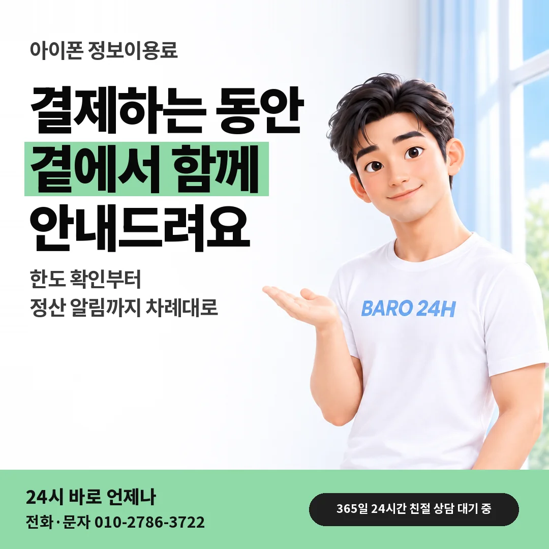 BARO 24H 티셔츠를 입은 3D 인물 옆에 「아이폰 정보이용료현금화 차례 안내」 제목을 얹은 안내 카드